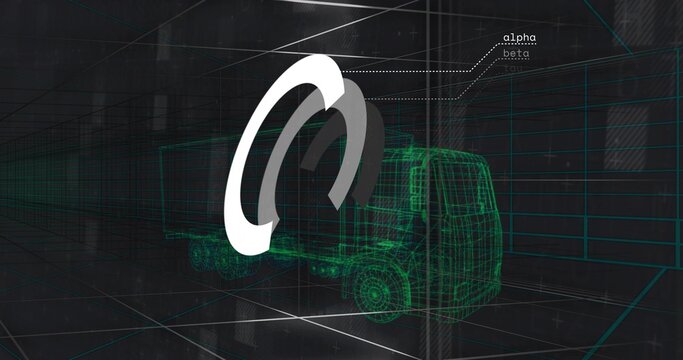 Rendering 3D truck wireframe with white or gray logo overlapping cab in studio, teal grid, alpha or 