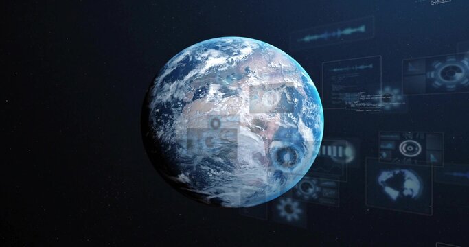 Displaying textured planet Earth floating in outer space, with holographic UI panels and charts