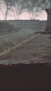Rain falls on a stone path leading to an old building. The scene shows fog in the background, creating a moody atmosphere. Trees are visible behind the structure, adding to the setting.
