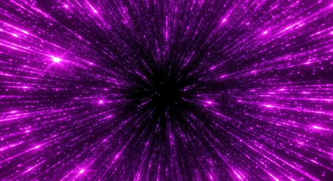 Abstract tunnel of radiating neon magenta light bursts from a central black void