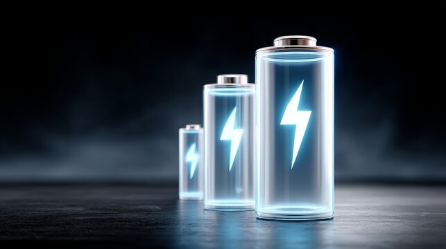Three transparent batteries with glowing blue lightning symbols, arranged in a row on a dark surface, showcasing different sizes and illuminated effects