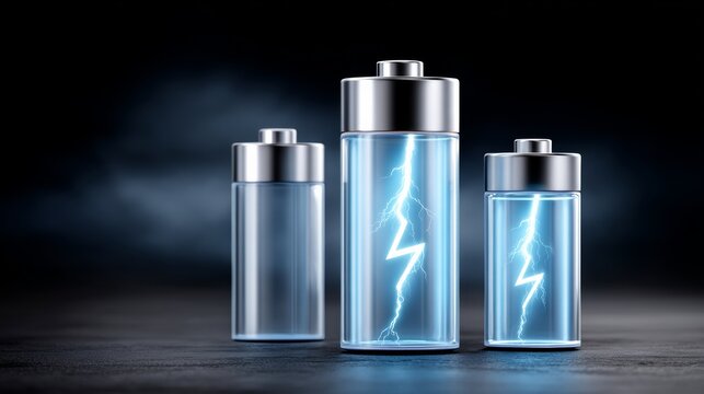 Three transparent batteries with glowing blue lightning bolts inside, showcasing different sizes and metallic caps against a dark background