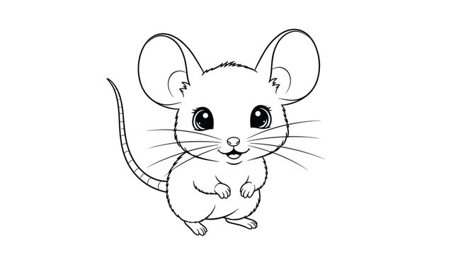 Adorable little mouse with large ears and a long tail in a simple black and white line art drawing for children's coloring.