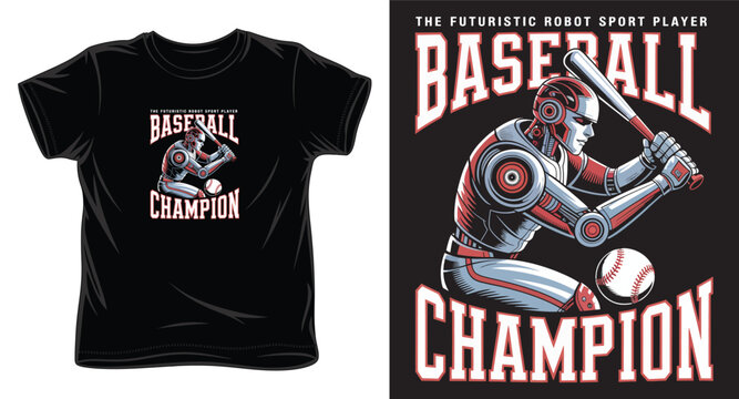 Mechanical robot baseball player hitting ball vector illustration for sports apparel and graphic tshirt design.