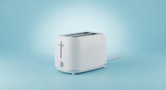 Modern white electric toaster sits isolated against a soft blue background.