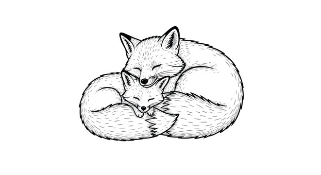Peaceful line art illustration of a mother fox and her cub sleeping curled up together in a detailed woodcut style.
