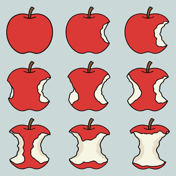 Step by Step Eating Progress of a Red Apple in Flat Design Vector Illustration