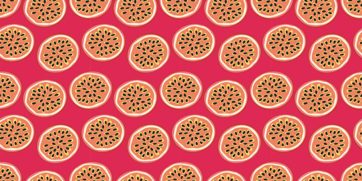 Passion fruit seamless pattern, tropical maracuya fruit slices on red background, exotic summer food illustration for textile and wallpaper.