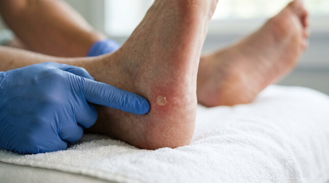 Foot blister heel blister skin blister medical exam blue glove foot care heel injury sore heel skin irritation healthcare foot heel ankle leg patient adult male human closeup pain inflamed swollen