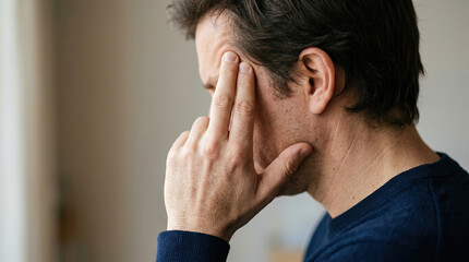 Fototapeta premium Male stress headache migraine pain discomfort fatigue thinking worry anxiety