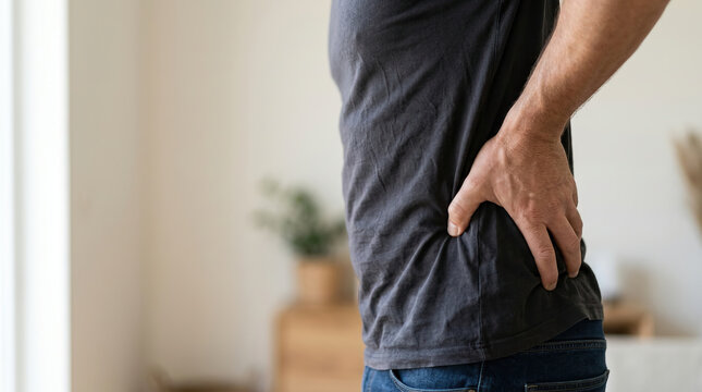 Back pain man hand hip waist injury discomfort home health lifestyle male adult backache muscle spine posture chronic ache tension fatigue stress indoors casual clothing jeans t shirt torso side