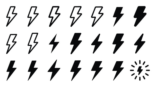 Lightning bolt progression icons, vector illustration set showing energy, speed, and power levels in sequential or ascending design for user interfaces, performance indicators, and technology graphics