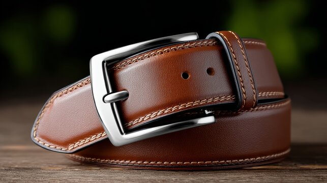 Brown leather belt with silver buckle resting on a wooden surface, showcasing detailed stitching and texture against a blurred green background