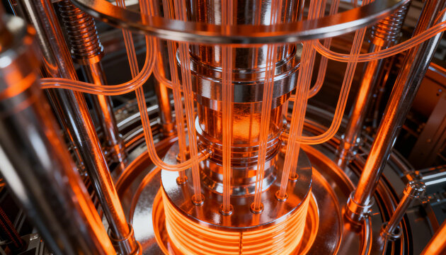 Detail of a quantum computer with electronics and cooling systems