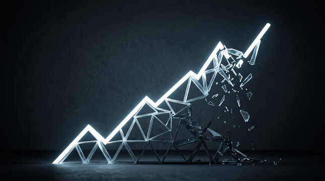 Neon growth chart broken glass financial crisis misleading data market crash rising line economic risk abstract business dark background sharp arrow glowing line shattered glass stock market