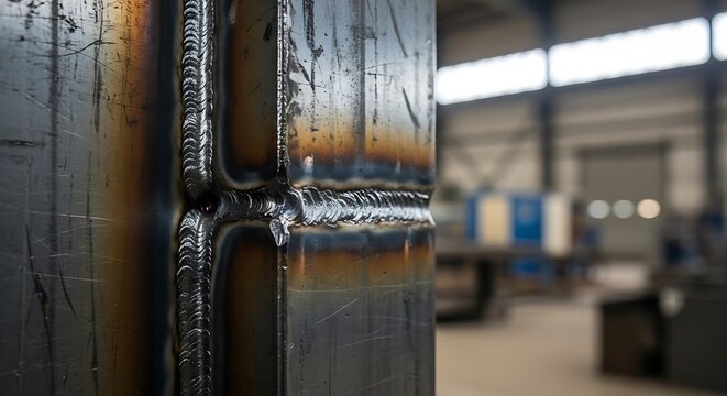 Close up of a welded metal seam showing the texture and color variations from the welding process in a workshop setting