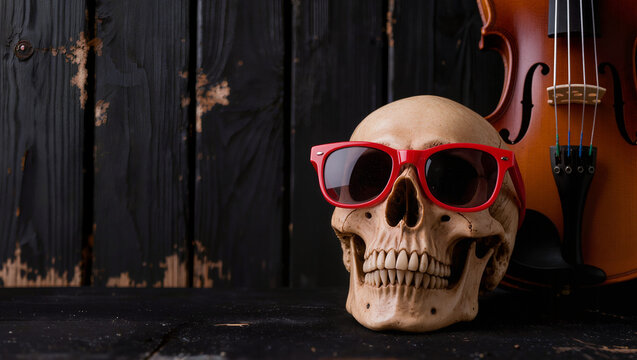 Close up a skull wearing a red sunglasses put on the old wooden floor close to the violin , musical mood.