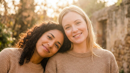 Naklejka premium interracial friendship women portrait diverse support outdoors smiling closeness warmth showing trust and gentle connection in golden light for wellness lifestyle inclusion and belonging themes