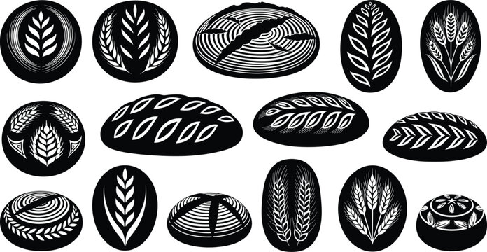 WebBread sourdough scoring patterns, artisan bakery loaf icons, wheat ear illustrations, grain silhouettes, homemade baking collection, organic flour products, rustic food symbols,