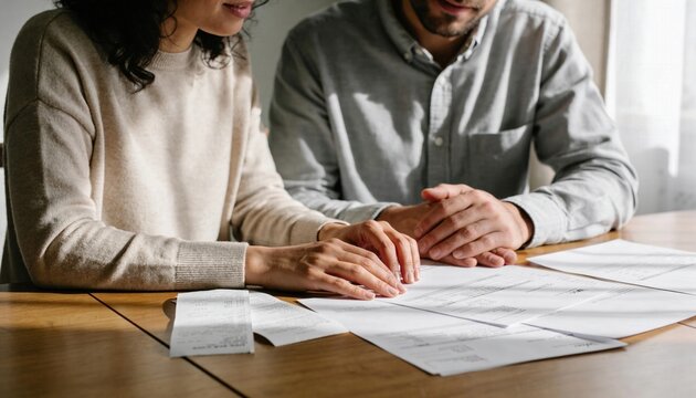 Couple at Wooden Table Reviewing Financial Documents and Receipts Together, Close-Up on Hands and Papers, Soft Warm Natural Light, Family Budget Planning, Authentic Lifestyle Moment, Horizontal