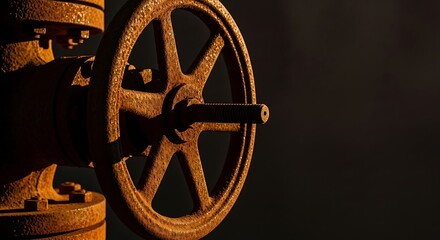 Obraz premium Close up of a rusty industrial valve wheel with a dark background and dramatic lighting