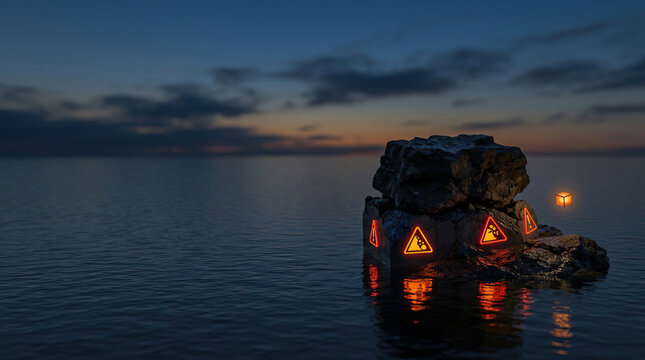 Glowing warning sign rock sea sunset dusk reflection lantern surreal fantasy night Glowing warning sign rock sea sunset dusk reflection lantern surreal fantasy night atmosphere over calm water
