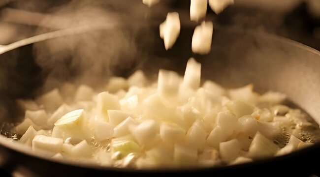 Diced Onions Cooking in a Pan with Visible Steam and Falling Chunks