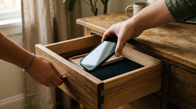 Two Hands Opening Wooden Drawer and Placing Smartphone Face-Down Inside, Wooden Side Table, Curtain and Mug in Background, Digital Detox and Screen-Free Lifestyle Concept, Horizontal, Copy Space