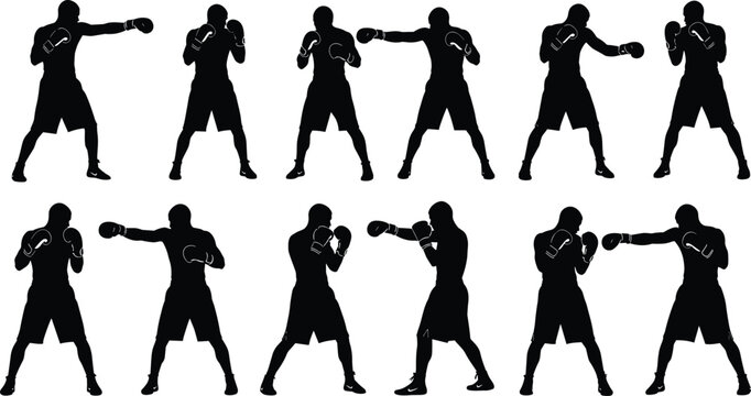 Boxing Silhouette Set &ndash; Fighting Sport Punch Training Vector Icons Collection