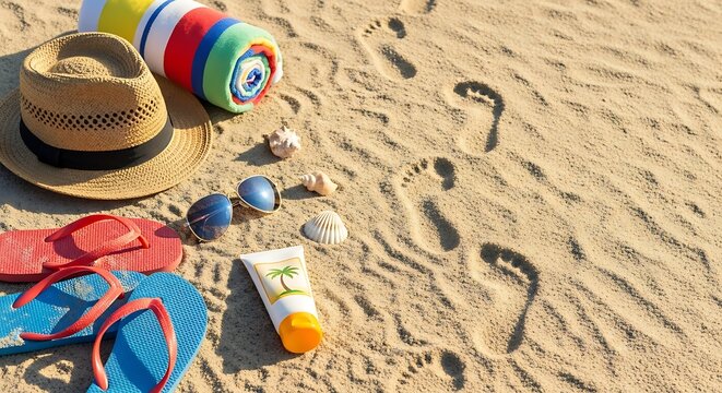 Beach vacation essentials with hat, flip flops, sunglasses, sunscreen, and colorful towels on sandy shore with footprints
