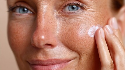 Fototapeta premium Caucasian woman applying moisturizer to her face with a gentle smile, showcasing healthy skin and natural beauty in a close-up portrait against a neutral background