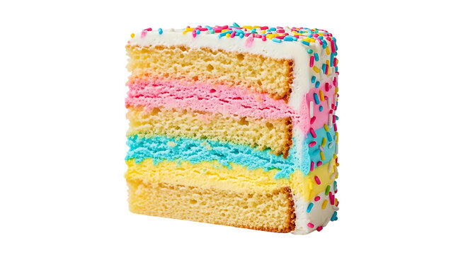 Slice of colorful layered sponge cake with sprinkles on black background