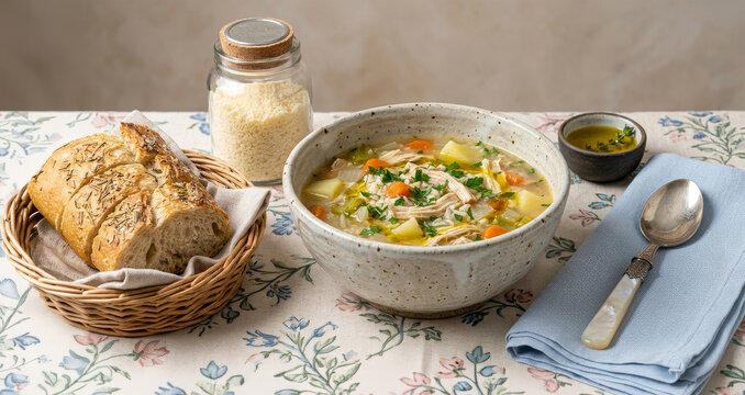 Homemade chicken soup with vegetables and rice served with rustic bread and Parmesan cheese on a decorated table