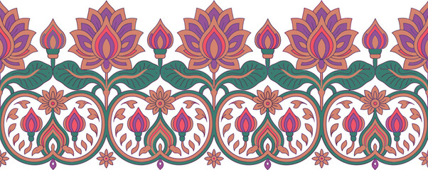 Ornamental floral border design with lotus flowers and decorative elements in ethnic style vector illustration. © Abdul