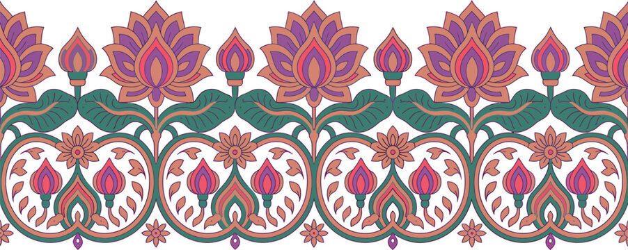 Ornamental floral border design with lotus flowers and decorative elements in ethnic style vector illustration.