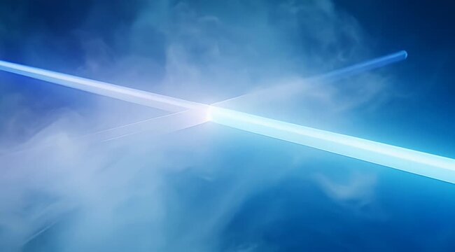 Abstract light beams crossing in a blue hazy sky resembling swords