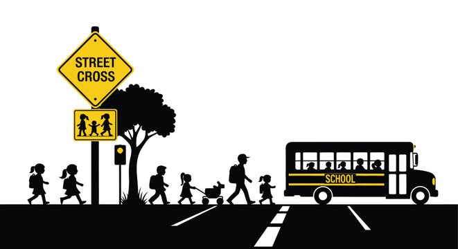 School crossing sign with children bus and pedestrians illustrated in silhouette