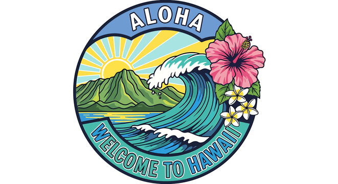Vibrant Hawaiian wave mountain sunset aloha welcome badge illustration with flowers
