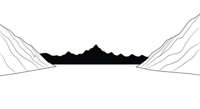 Illustration of mountain range silhouette between two cliffs