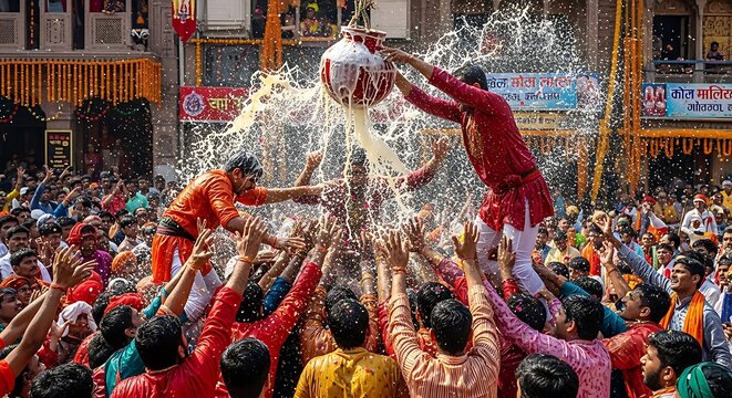 dahi handi festival scene, group of people forming human pyramid to break a hanging pot, energetic celebration with splashing curd and water, vibrant colors and festive mood, ultra detailed action