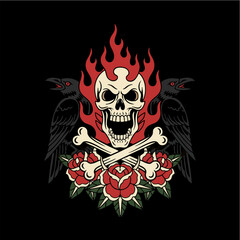 Fototapeta premium Burning Skull with Crossbones Ravens and Roses Tattoo Art