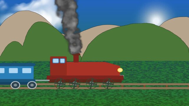 Red steam locomotive with blue passenger car travels on railway tracks through green landscape with brown hills under blue sky and bright sun.