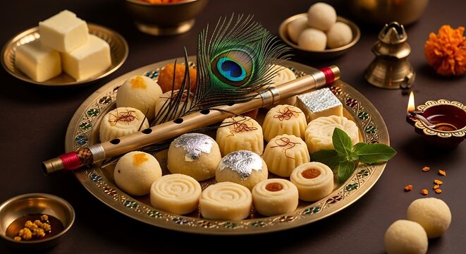 janmashtami thali setup, decorated plate with butter sweets flute peacock feather and diya, elegant composition with traditional elements, soft warm lighting, ultra detailed still life photography, 8k