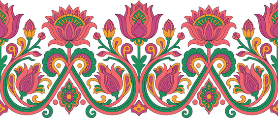 Indian floral border vector illustration with colorful lotus flowers and paisley ornaments in traditional ethnic pattern. © Abdul