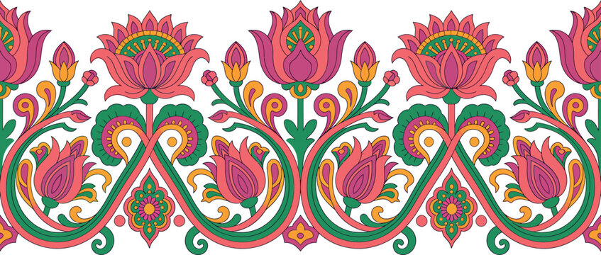 Indian floral border vector illustration with colorful lotus flowers and paisley ornaments in traditional ethnic pattern.
