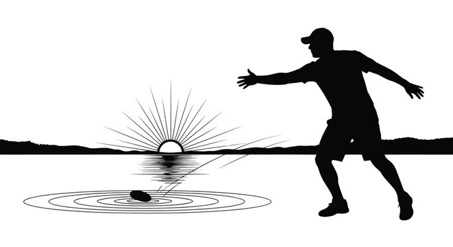 Man skipping a stone across the water at sunset in silhouette