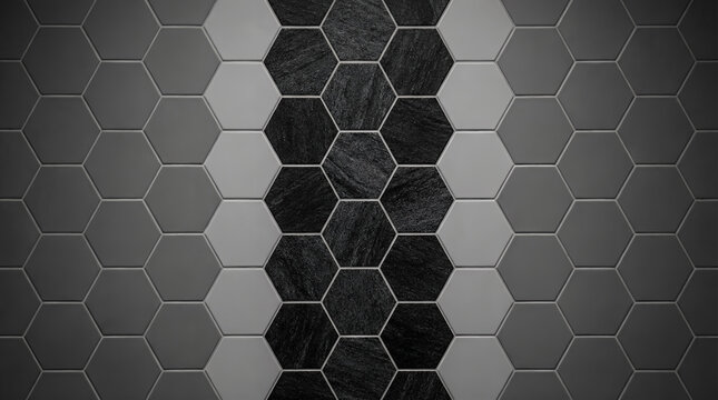 Seamless panoramic background of hexagonal tiles in gradient shades of dark grey light grey and textured black stone in a repeating geometric pattern