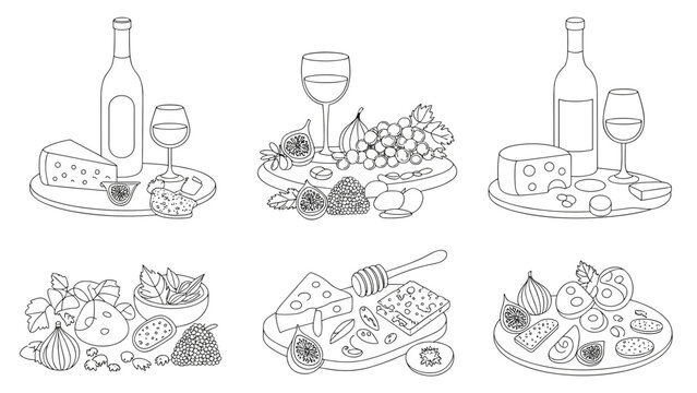 Vector illustration set featuring wine pairing elements: wine bottles and glasses with wooden serving boards, cheese varieties, grapes, figs, berries, sliced fruits, nuts, honey dipper, crackers, trad