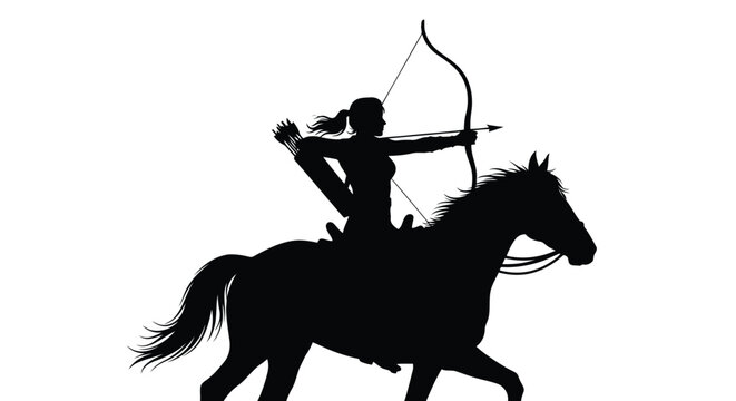 Silhouette of a woman riding a horse and shooting a bow and arrow