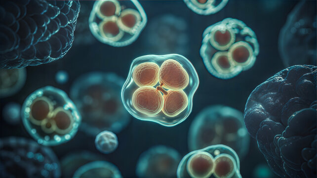 4-cell stage human embryo (morula) in microscopic view - embryonic development